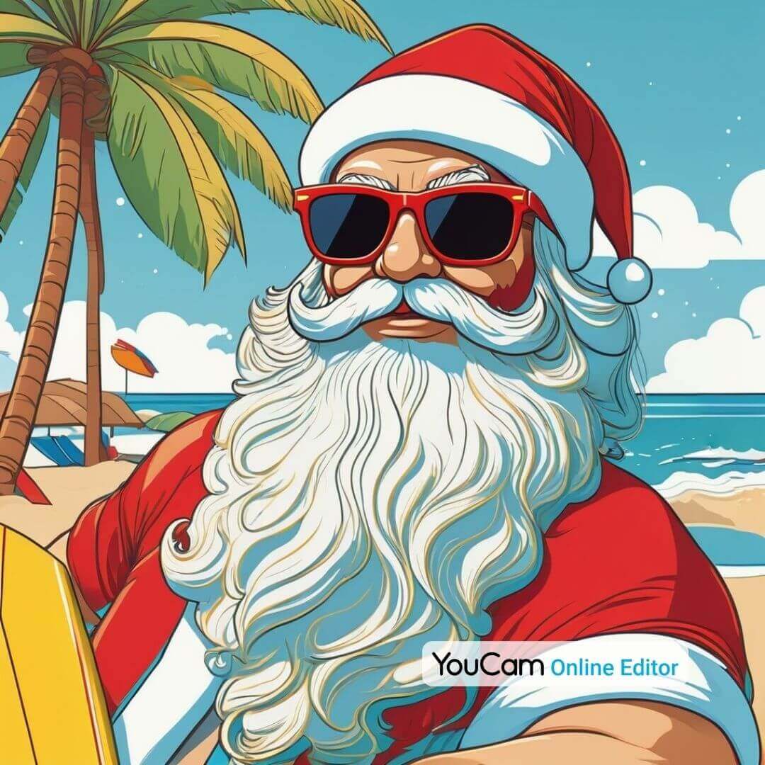 Weihnachtsmann in Badehose am Strand mit einer Sonnenbrille