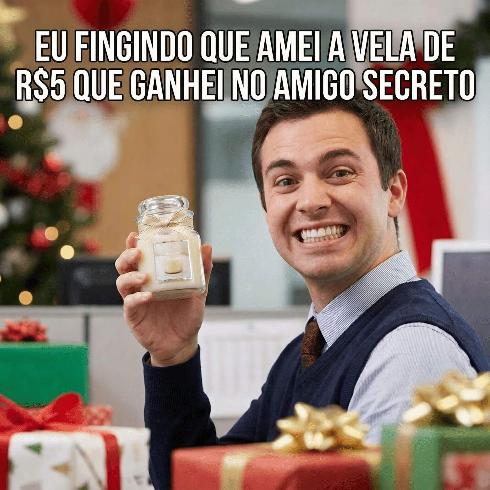 Meme de amigo secreto engraçado homem fingindo gostar de vela barata de 5 reais com sorriso falso