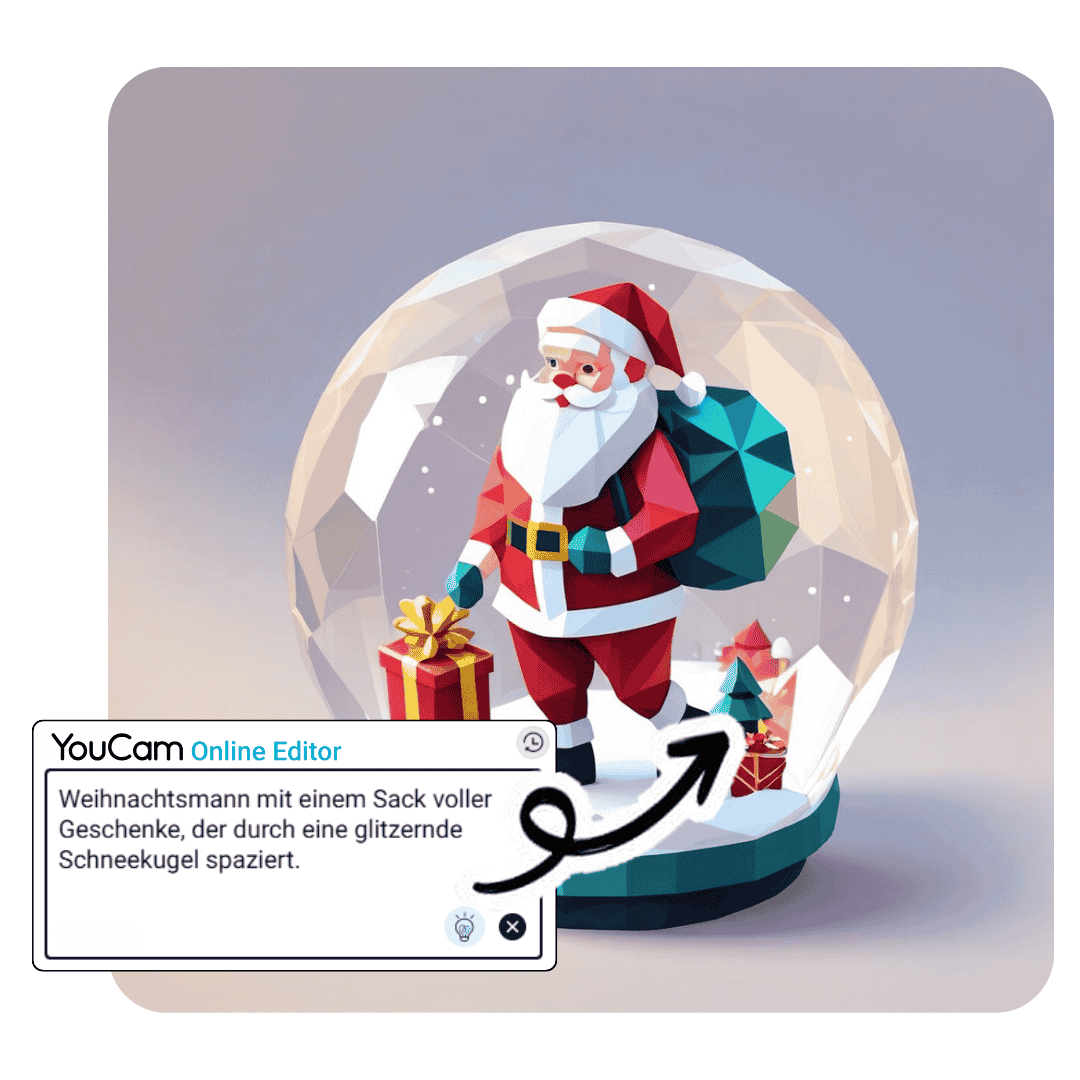 Weihnachtsmann mit einem Sack voller Geschenke, der durch eine glitzernde Schneekugel spaziert.