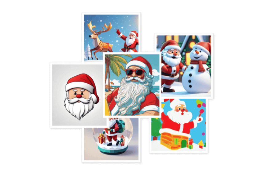 Verschiedene Bilder vom Weihnachtsmann im Comic-, Clipart-, Zeichen- und Poly-Art-Stil.