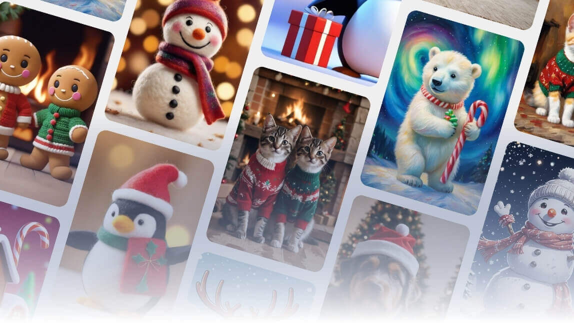 Süße Weihnachtsbilder mit Pinguinen, Eisbären, Schneemann, Katzen, Hund, Lebkuchenmännchen