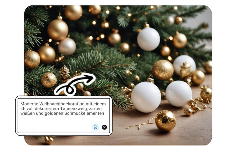 Moderne Weihnachtsdekoration mit einem stilvoll dekoriertem Tannenzweig, zarten weißen und goldenen Schmuckelementen