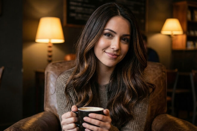 Eine Frau mit dem Haarfarben-Trend "Espresso Glow": Langes, dunkelbraunes Haar mit warmen Reflexen in einem gemütlichen Café im Winter.
