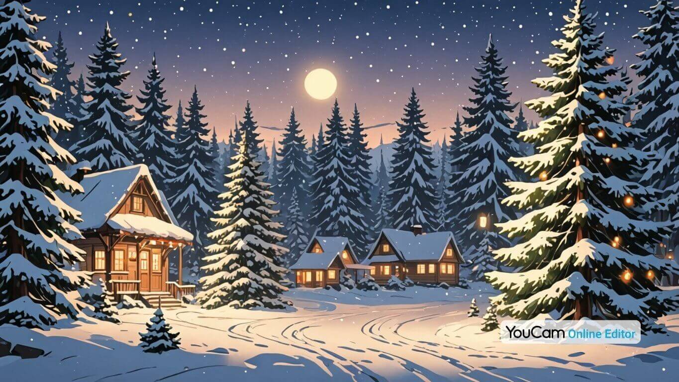 Nostalgische Weihnachtsszene mit schneebedeckten Tannen und warmen Lichtern