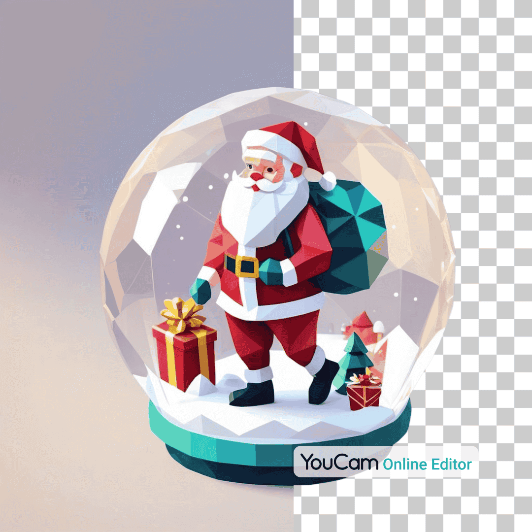 Weihnachtsmann mit einem Sack voller Geschenke, der durch eine glitzernde Schneekugel spaziert.
