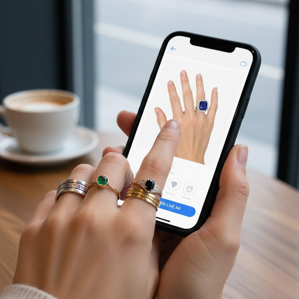 A person trying on virtual rings using a smartphone's AR feature. A person trying on virtual rings using a smartphone's AR feature.
