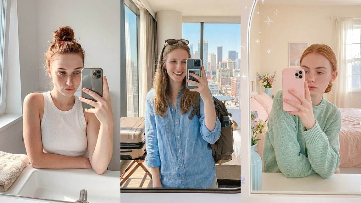 Colagem com 3 ideias de selfie no espelho: mulher com coque no banheiro, look de viagem em hotel e pose aesthetic em quarto pastel.