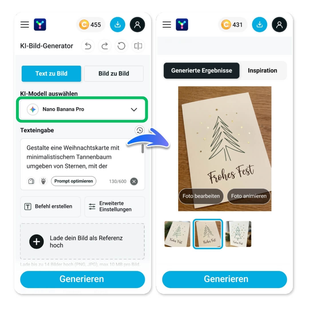 Benutzeroberfläche vom YouCam Online Editor, die zeigt, wie eine Weihnachtskarte erstellt wird.