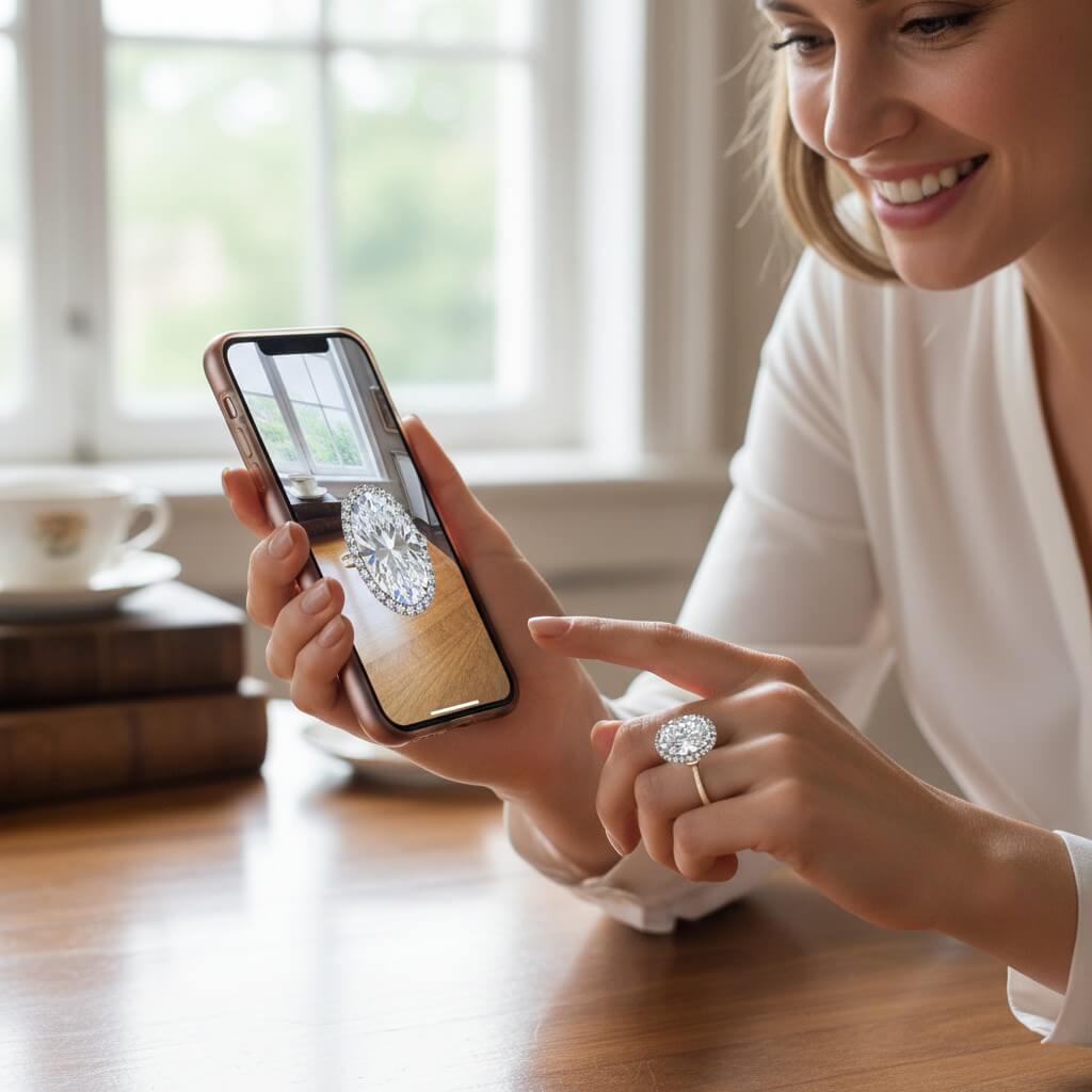 A woman joyfully trying on virtual rings with AR on her phone. A woman joyfully trying on virtual rings with AR on her phone.