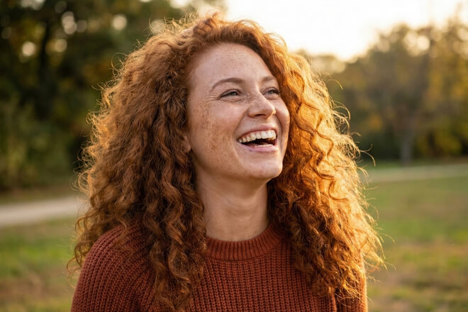 Eine lachende Frau mit dem Haarfarben-Trend "Glazed Amber": Ihre langen, lockigen Kupferhaare leuchten in der Wintersonne.
