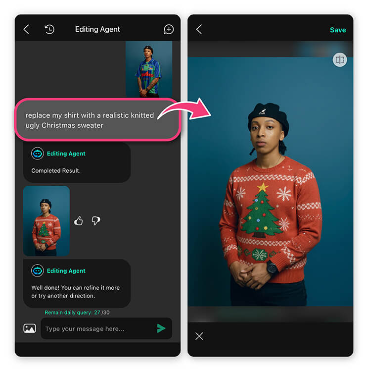 Give the AI a prompt to guide the sweater design. Some examples: Give the AI a prompt to guide the sweater design. Some examples: