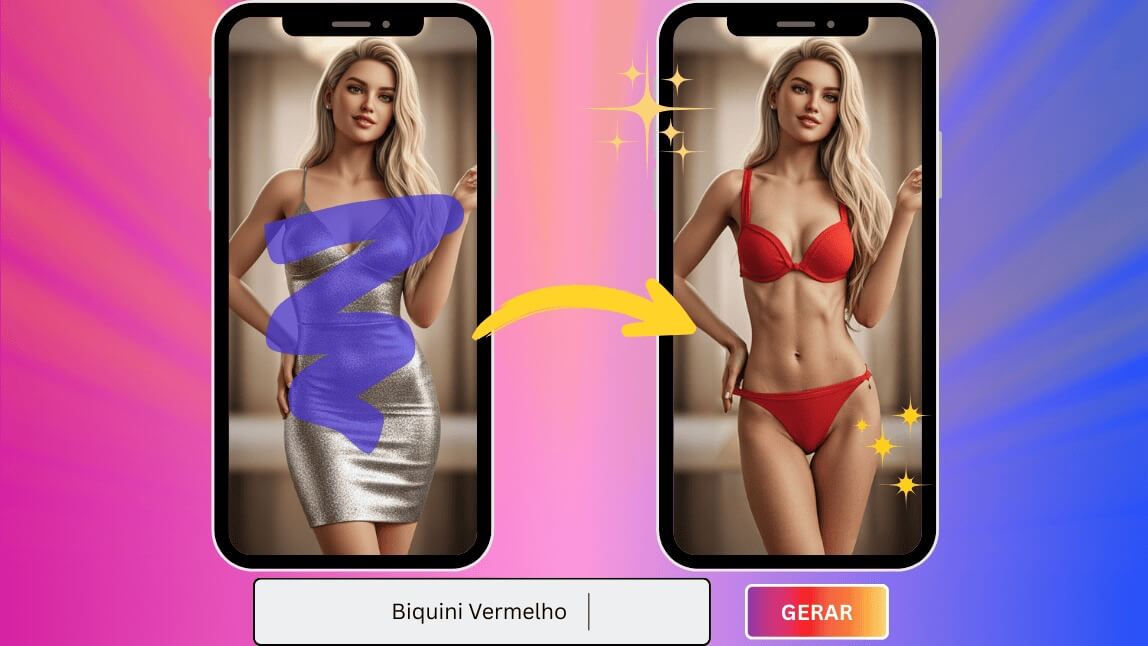 Demonstração de um aplicativo usando IA para tirar roupa de uma foto e substituir por um biquíni vermelho.