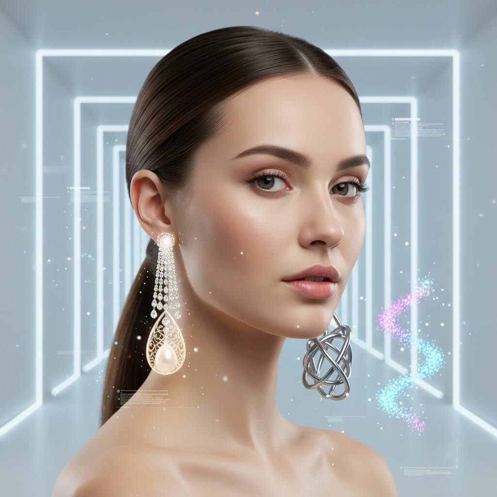 virtual earrings A woman with a beautifully elegant oval face is captured in a bright, clean, digitally enhanced environment. Her expression is one of engaged curiosity as she virtually tries on a variety of earrings, ranging from timeless classics to modern, avant-garde designs. Each virtual piece reflects light realistically, demonstrating the seamless integration and high fidelity of the virtual try-on experience.