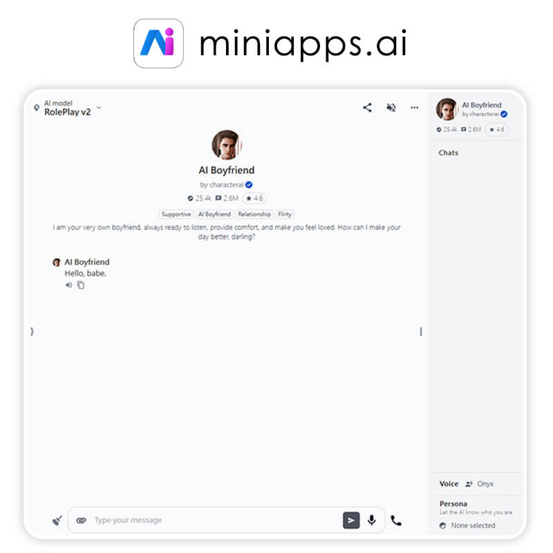 Plataforma Miniapps.ai oferecendo um namorado IA gratuito para conversar.