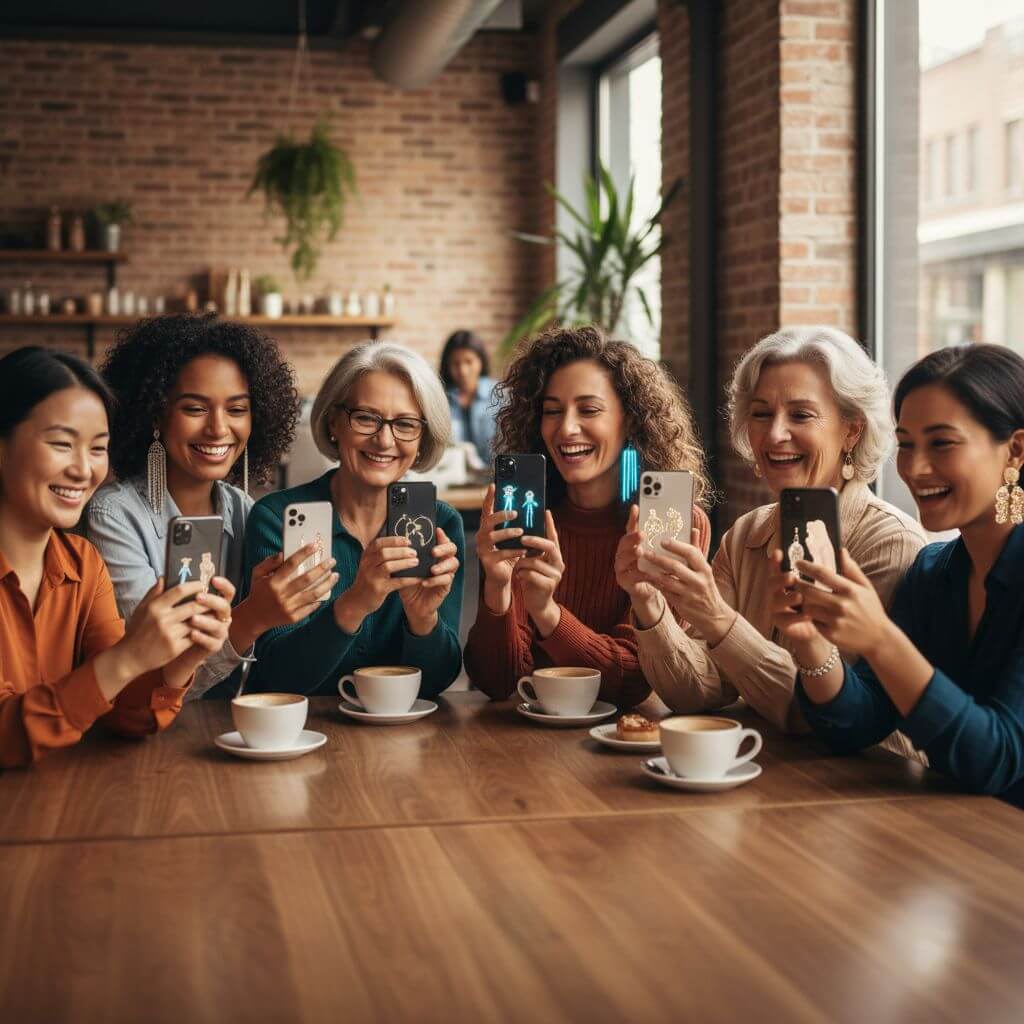 A lively, diverse group of women across different ages and ethnicities are gathered in a bright, modern cafe. Each woman is deeply engaged with her smartphone, on which a variety of virtual earring styles are realistically superimposed onto their reflections. Their faces show expressions of delight and focused interest, highlighting the interactive and personalized experience of virtual try-on technology. A lively, diverse group of women across different ages and ethnicities are gathered in a bright, modern cafe. Each woman is deeply engaged with her smartphone, on which a variety of virtual earring styles are realistically superimposed onto their reflections. Their faces show expressions of delight and focused interest, highlighting the interactive and personalized experience of virtual try-on technology.