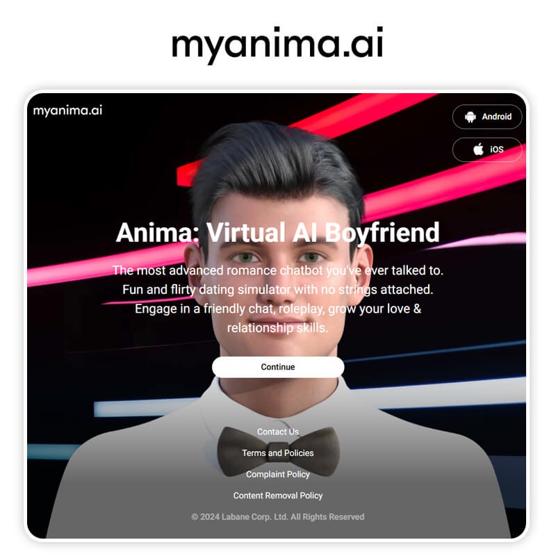 Interface do Anima, um namorado IA app para conversas.
