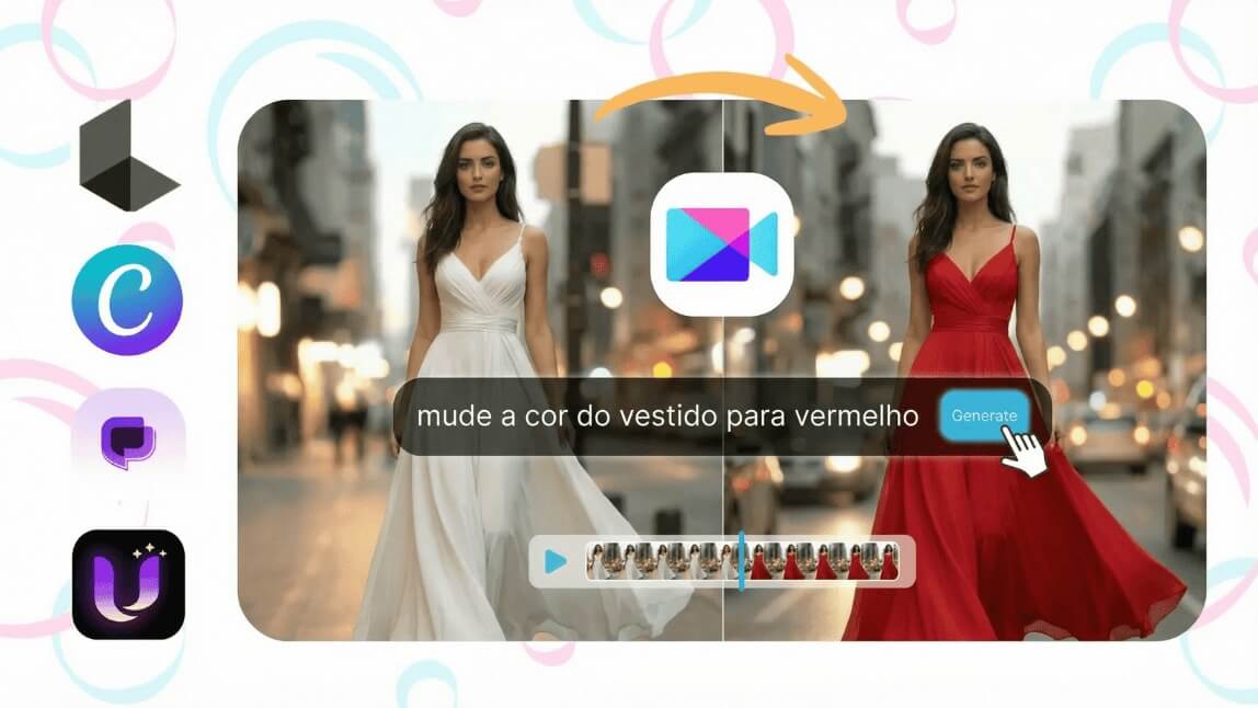 Comparativo de geradores vídeo-para-vídeo com IA mostrando o YouCam Video transformando a cor de um vestido de branco para vermelho.