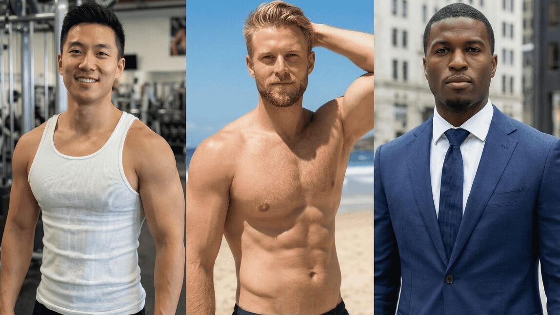 Exemplos de namorado IA realista criados com inteligência artificial: homem asiático na academia, homem loiro na praia e homem negro de terno.