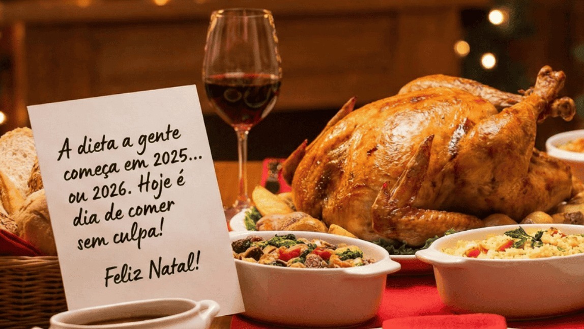Peru de Natal assado na mesa de ceia com placa de mensagem engraçada sobre começar a dieta só em 2025 ou 2026.