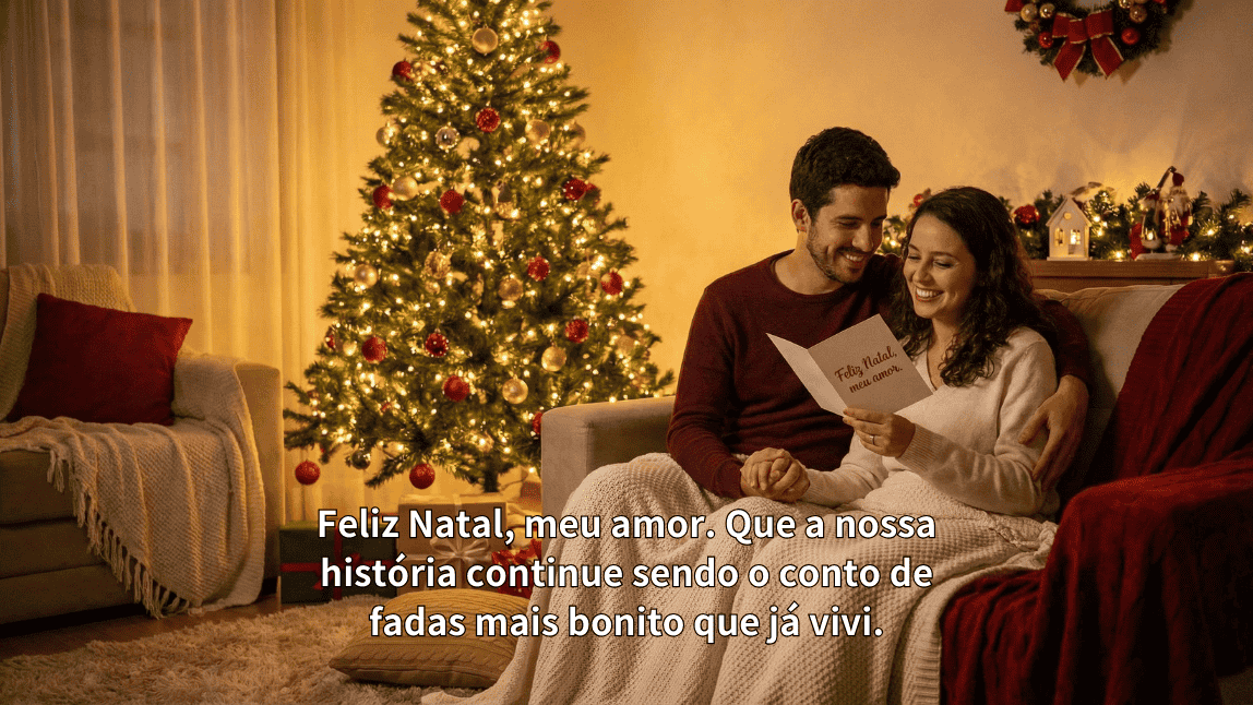 Casal se beijando embaixo do visco (mistletoe) em cenário rústico com mensagem de Natal romântica e divertida sobre beijos.