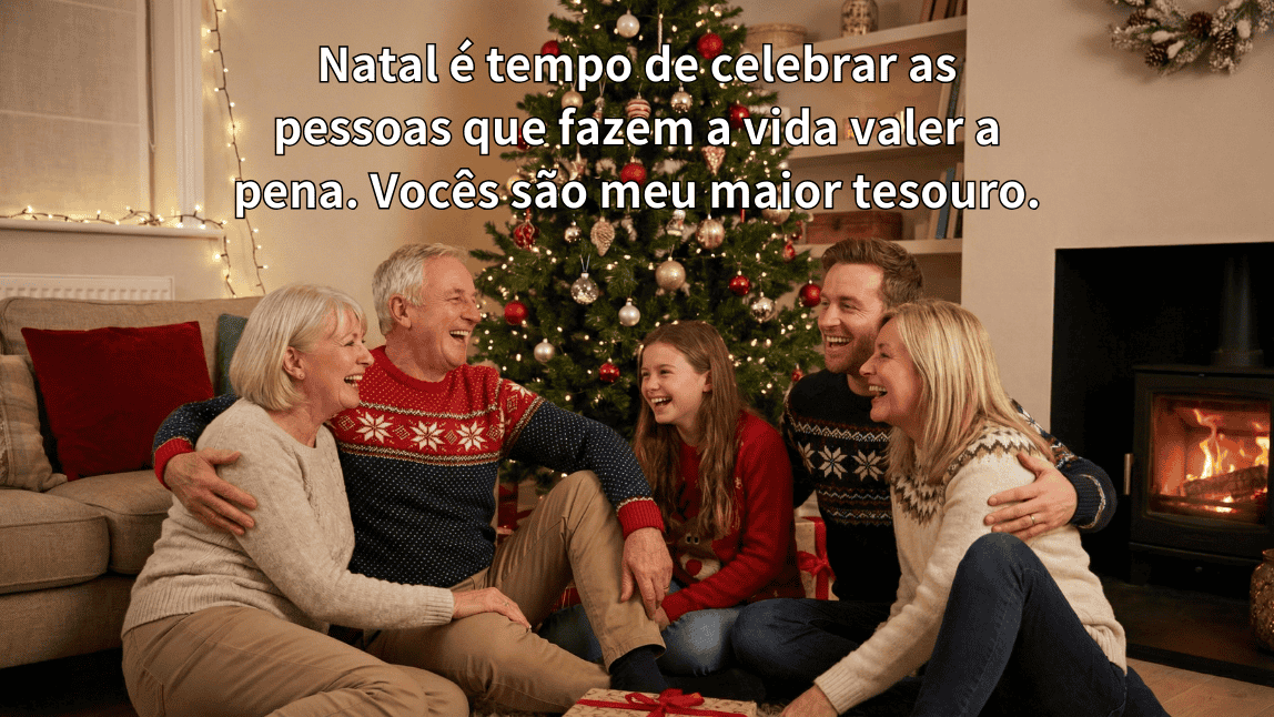 Família completa com avós e netos reunida sorrindo na sala decorada com mensagem emocionante sobre união e gratidão no Natal.