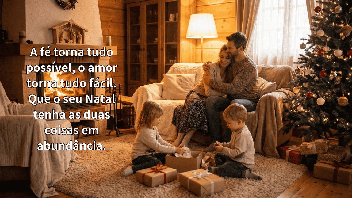 Família feliz abrindo presentes em frente à lareira aconchegante com mensagem de Natal sobre a importância da fé e do amor.