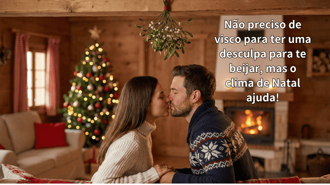 Casal se beijando embaixo do visco (mistletoe) em cenário rústico com mensagem de Natal romântica e divertida sobre beijos.