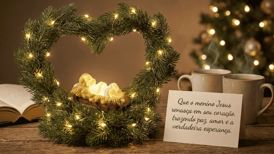Decoração natalina com o Menino Jesus iluminado em uma manjedoura e cartão com mensagem religiosa sobre paz e esperança no coração.