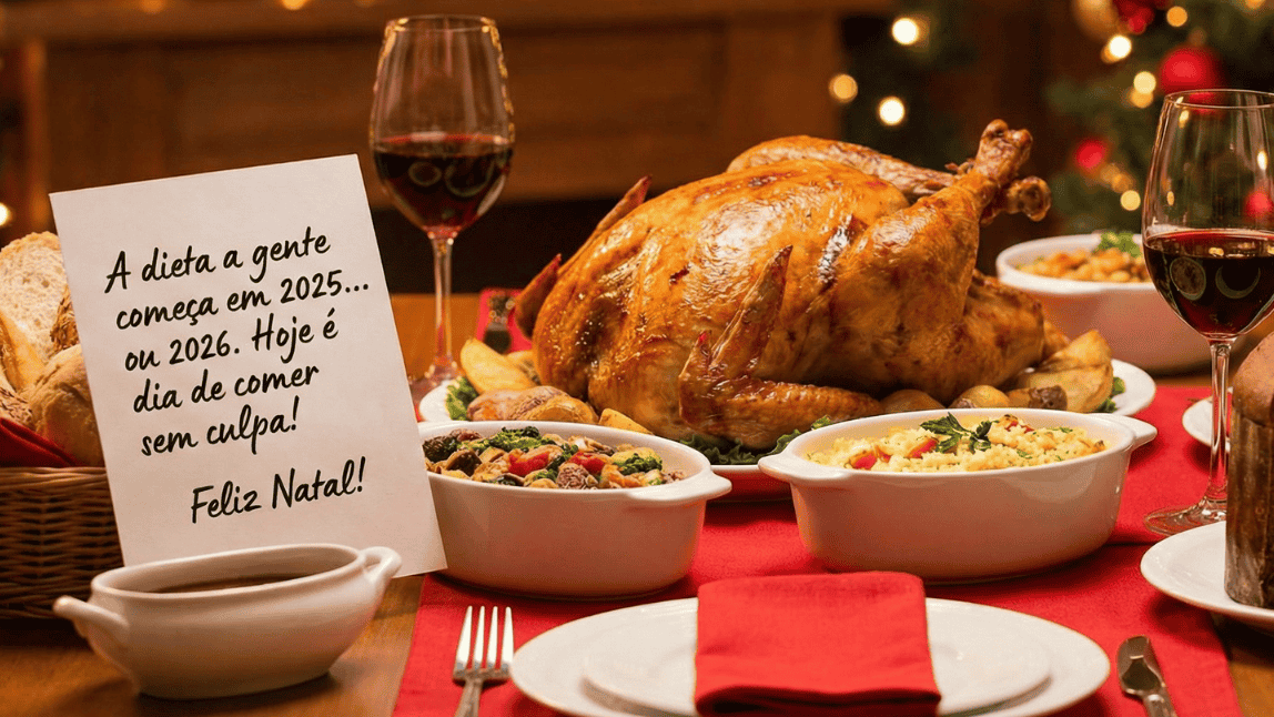 Peru de Natal assado na mesa de ceia com placa de mensagem engraçada sobre começar a dieta só em 2025 ou 2026.