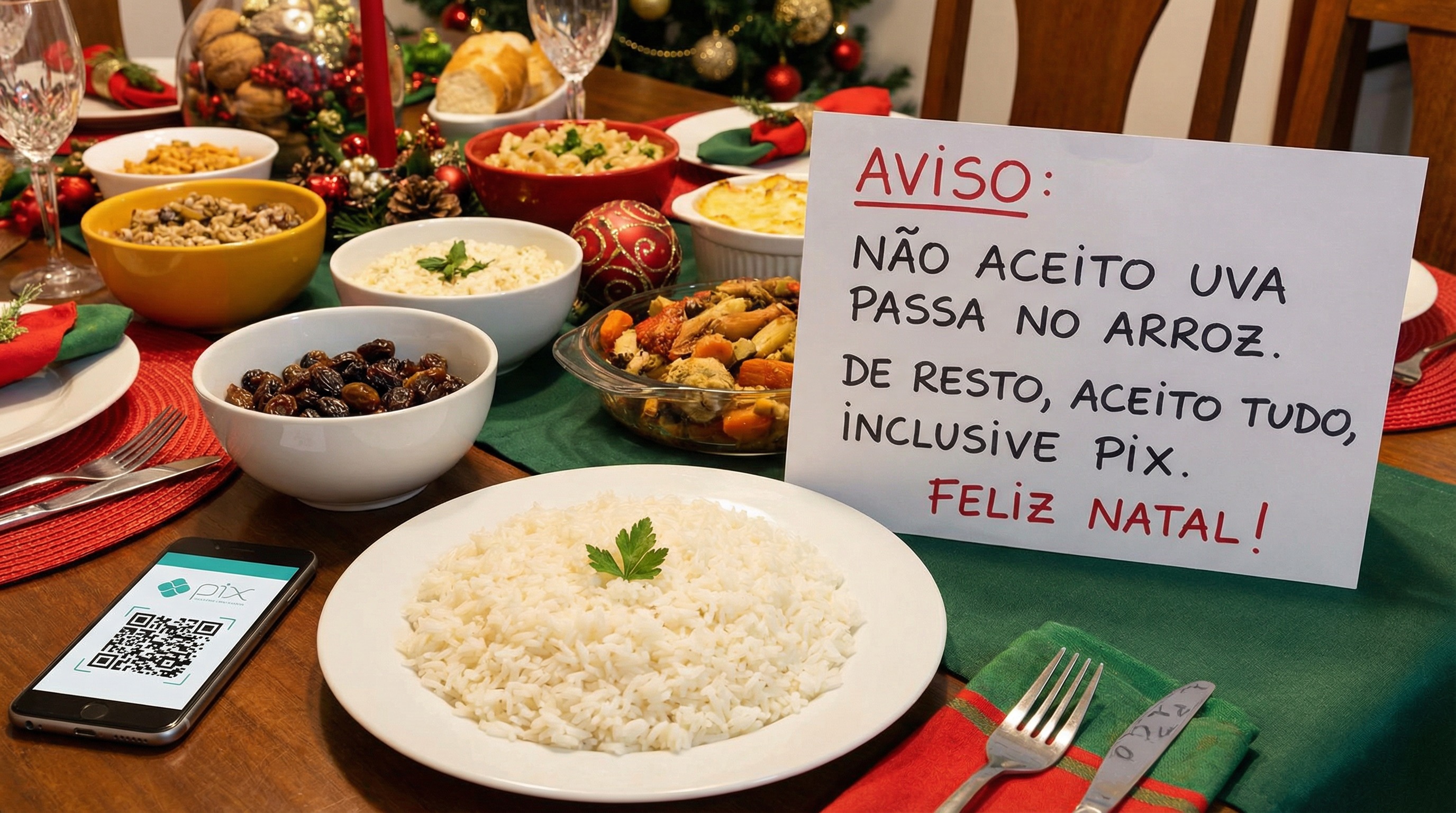 Mesa de ceia de Natal com placa engraçada proibindo uva passa no arroz e pedindo presente via Pix, ao lado de celular com QR Code.