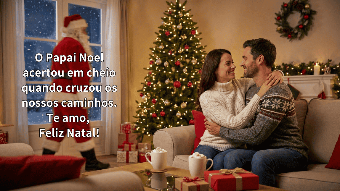 Casal apaixonado se abraçando no sofá com o Papai Noel passando ao fundo e frase romântica de Natal para namorados.