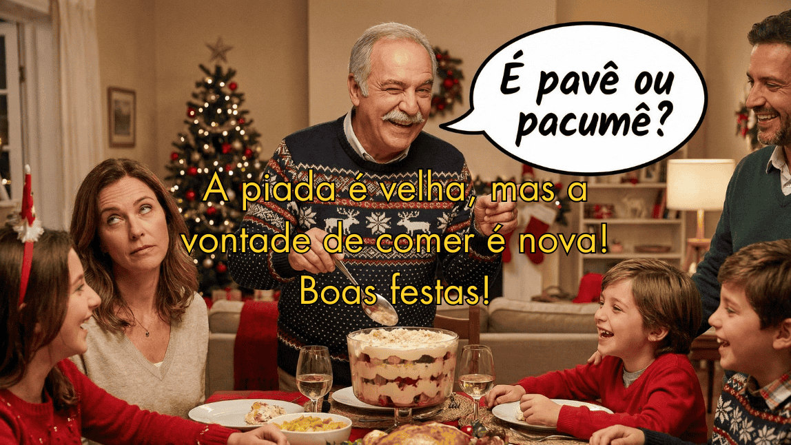 Família rindo na ceia de Natal com o clássico "tio do pavê" fazendo a piada "é pavê ou pacumê", acompanhado de mensagem engraçada de boas festas.