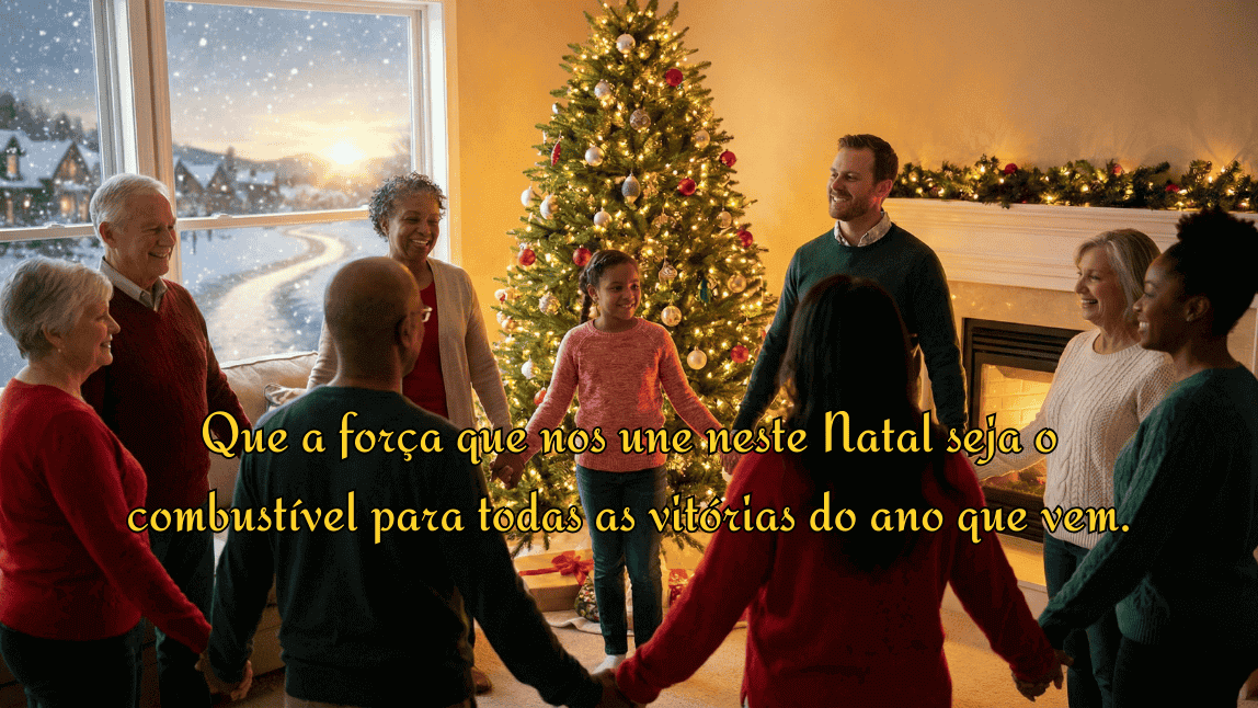 Família feliz reunida em círculo de mãos dadas perto da árvore de Natal com mensagem sobre união, força e vitórias para o ano novo.