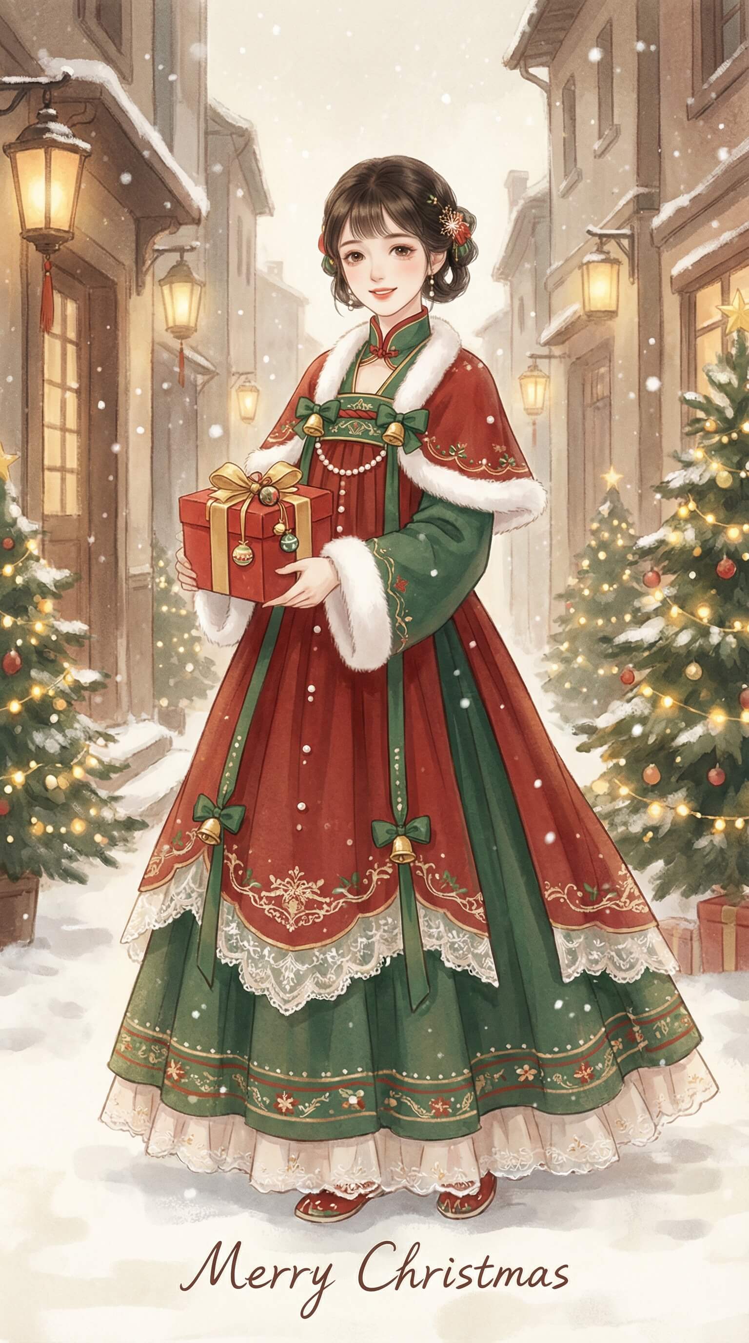 聖誕快樂圖範本四：雪夜聖誕少女