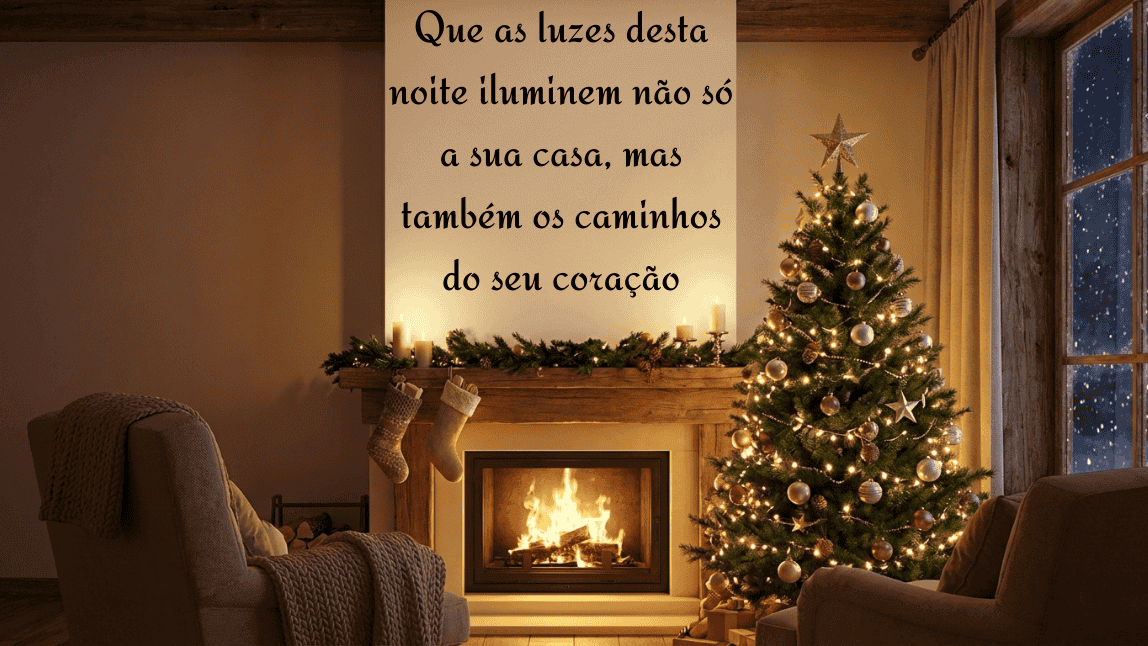 Sala decorada aconchegante com lareira e árvore de Natal iluminada acompanhada de frase emocionante sobre luz e caminhos do coração.