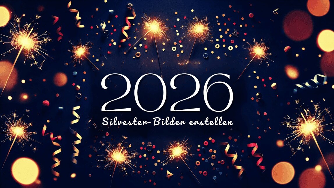 Ein dunkler Hintergrund mit leuchtenden Wunderkerzen, kombiniert mit bunten Konfetti und der Aufschrift "2026".