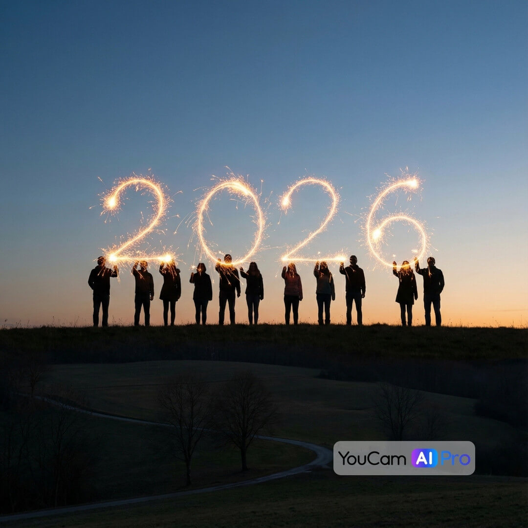 KI-Bild: Menschen formen 2026 mit Wunderkerzen.