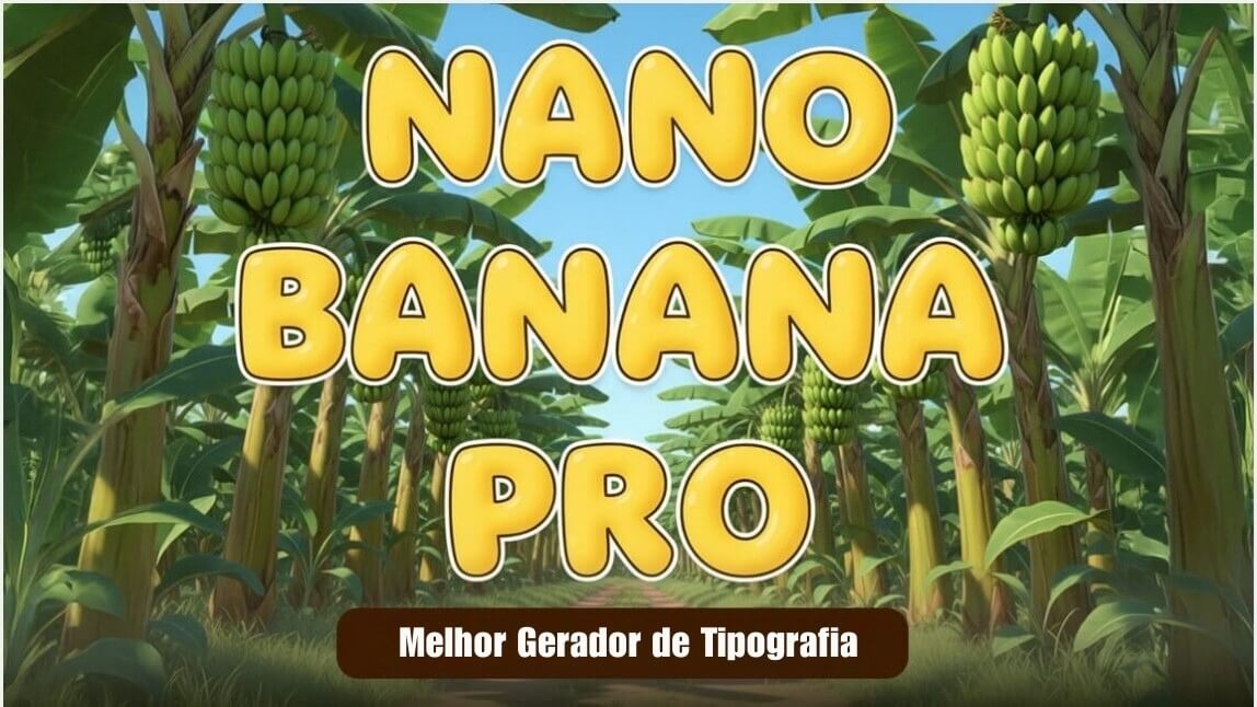Texto 3D Nano Banana Pro renderizado perfeitamente entre bananeiras, destacando o melhor gerador de tipografia com IA
