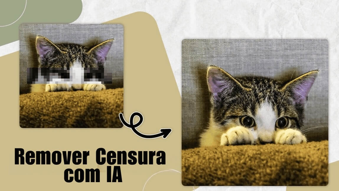 Comparação antes e depois mostrando como remover censura de foto de gato com IA, tirando o mosaico dos olhos para revelar a imagem original nítida.