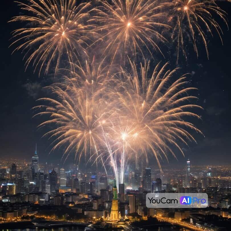 KI-Bild: Funkelndes Feuerwerk über einer Stadt.