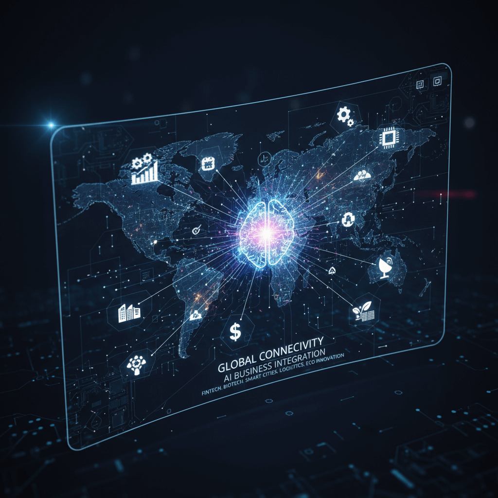 Visuelle Metapher für KI als Antrieb globaler Geschäfte, Hightech, futuristisch und dennoch praxisnah