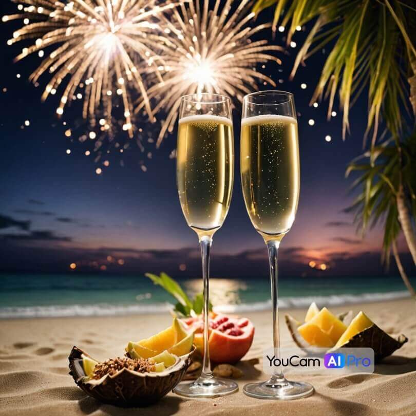 KI-Bild: Sektgläser am Strand mit Feuerwerk.