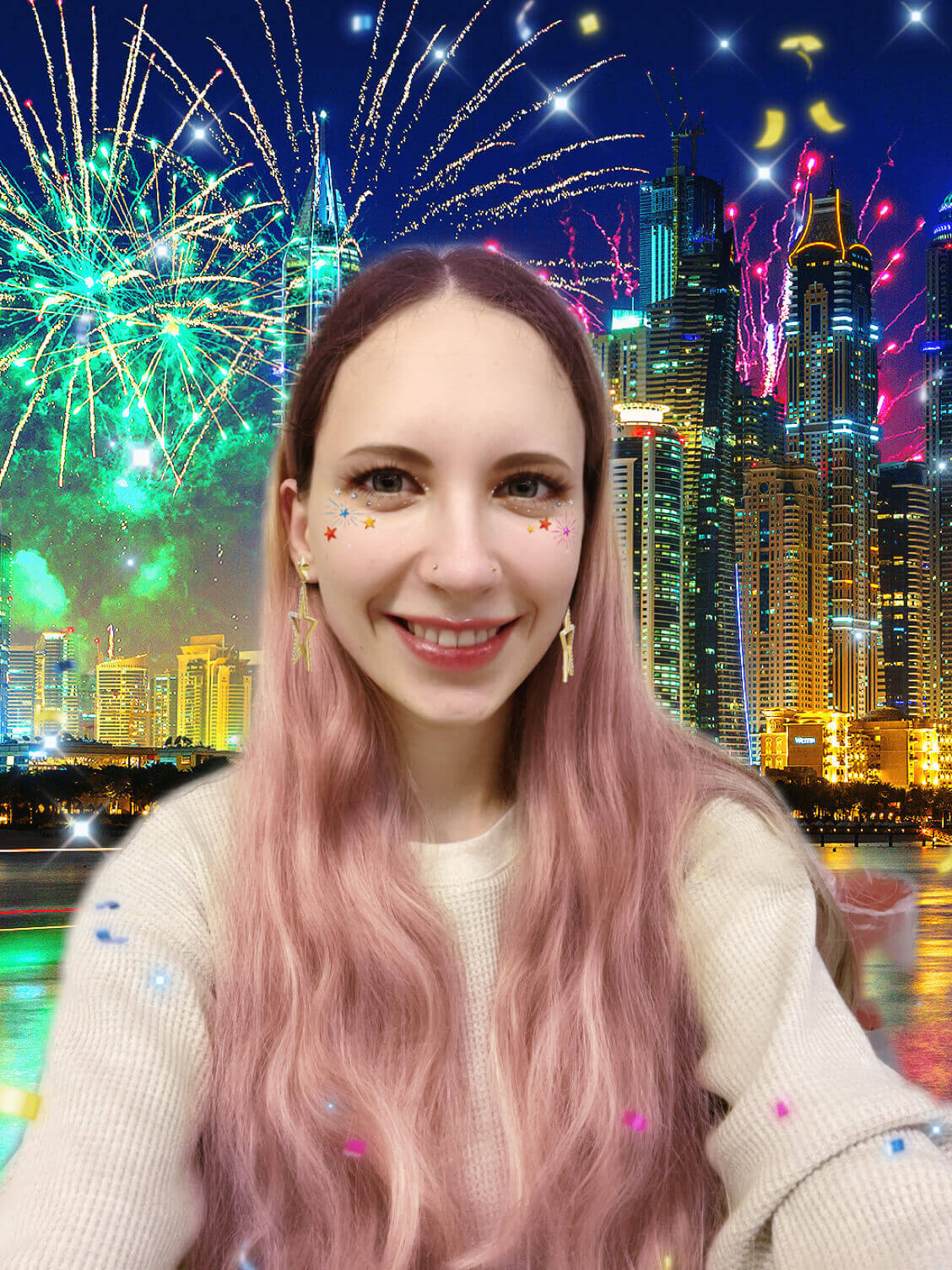 Feuerwerk erhellt den Hintergrund von Selfies