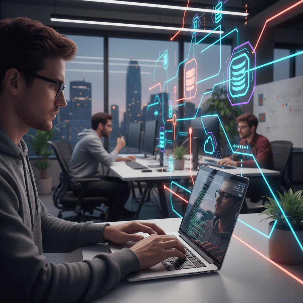 Visualisiert die technische Integration von KI-Lösungen über APIs, mit Fokus auf Entwickler*innen