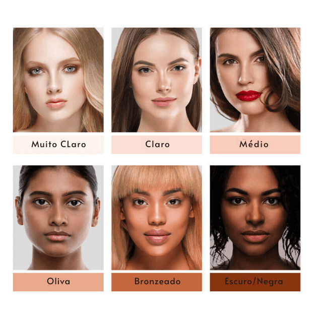 Paleta com os seis tons de pele: muito claro, claro, médio, oliva, bronzeado e escuro.