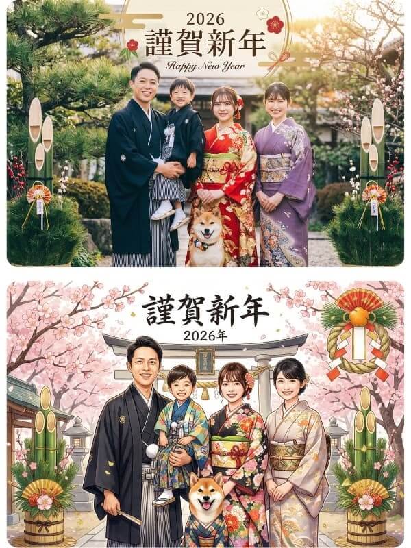 全員に着物を着せて正装姿にしたみた様子 全員に着物を着せて正装姿にしたみた様子