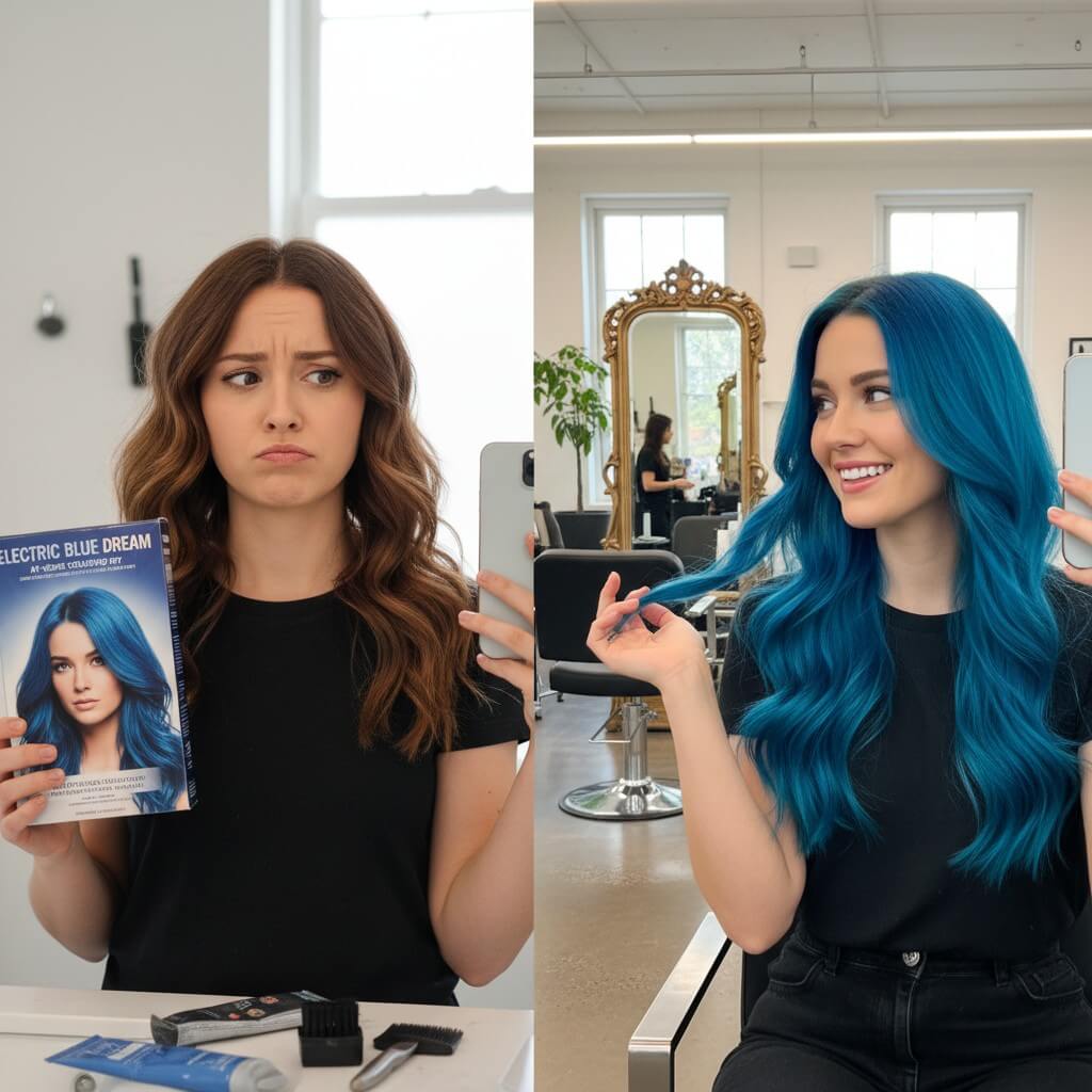 AI Hair Color Changer E-Commerce Integration Two-panel composition, clearly showing the contrast of hesitation vs. confidence with AI try-on.