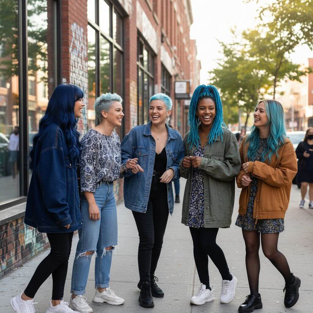 blue hair dye Front-facing, eye-level, capturing varied expressions and hair textures.