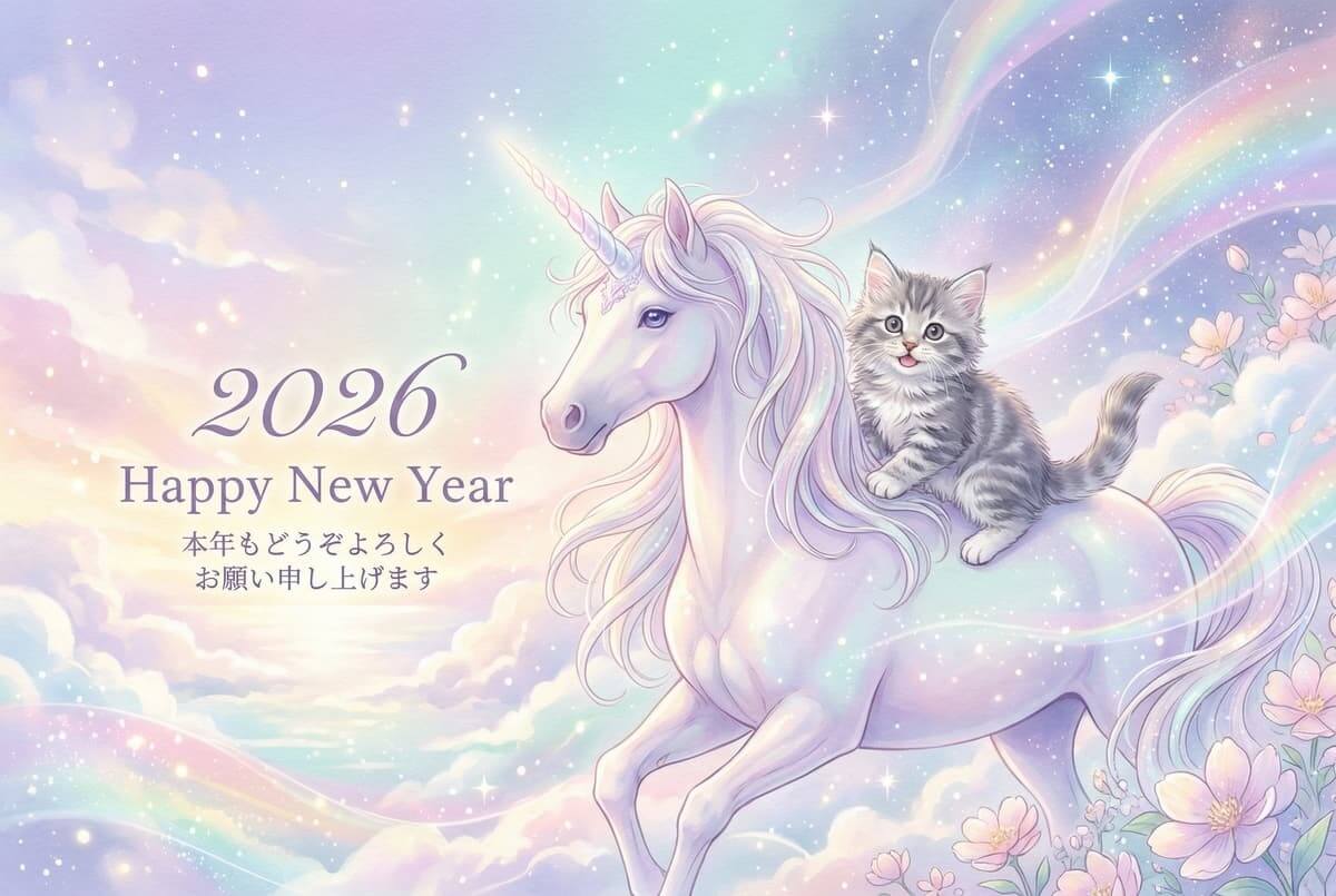 ペットがユニコーンに乗っている可愛いAI年賀状 ペットがユニコーンに乗っている可愛いAI年賀状