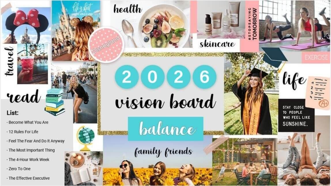 Digitales Vision Board 2026: Ästhetische Collage mit Zielen für Reisen, Fitness, Studium und Gesundheit zur täglichen Motivation.